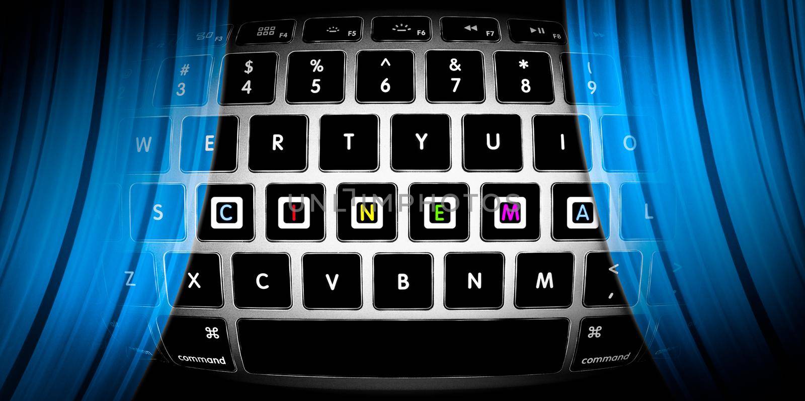 Silver keyboard with word Cinema on it. Blue curtains of online theatre. Watch movies on Internet. Concept of entertainment for people on web. Cyber theater in computer. Design for Internet site.