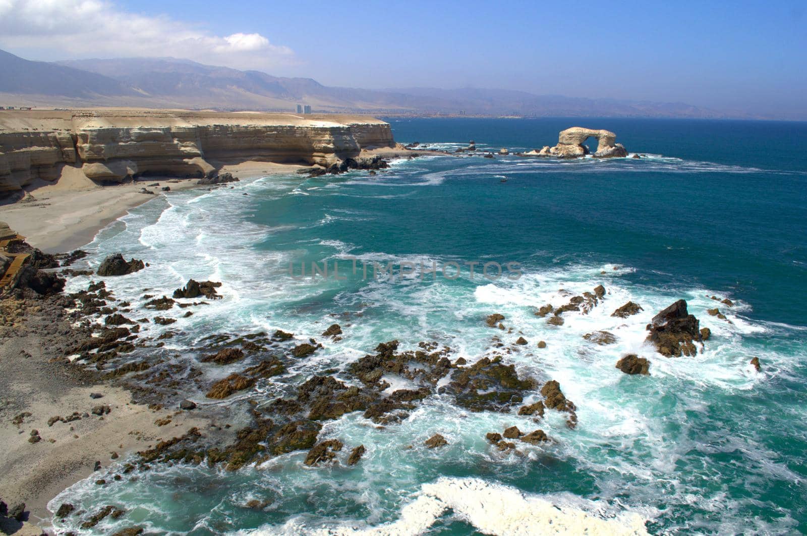 Natural rock formation "La Portada" (The Gate) in Antofagasta, Chile. Wide angle view.