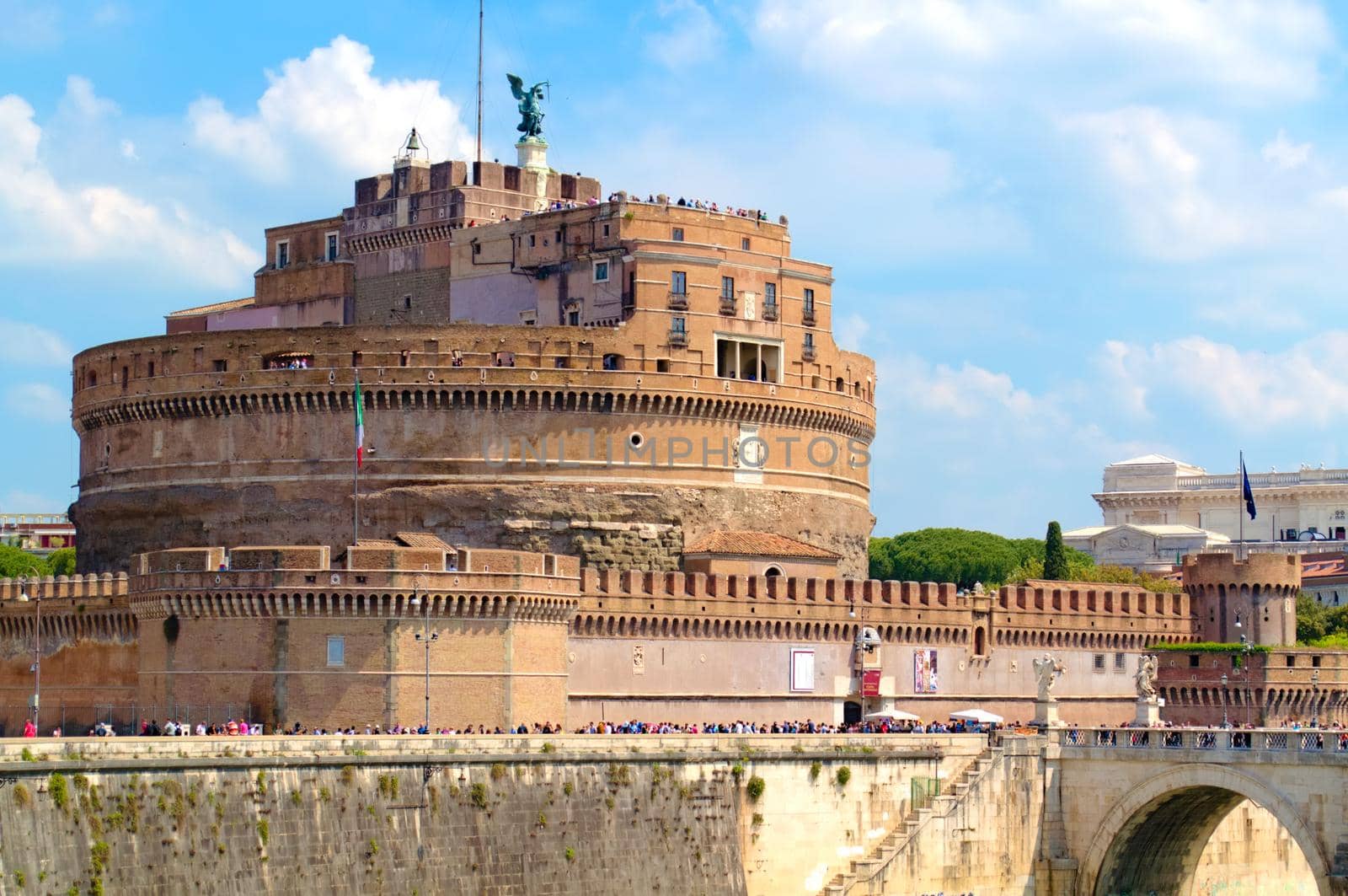 The Mausoleum of Hadrian, also known as the Castel Sant'Angelo, in Rome, Italy. It was built by Roman Emperor Hadrian in the year 139.