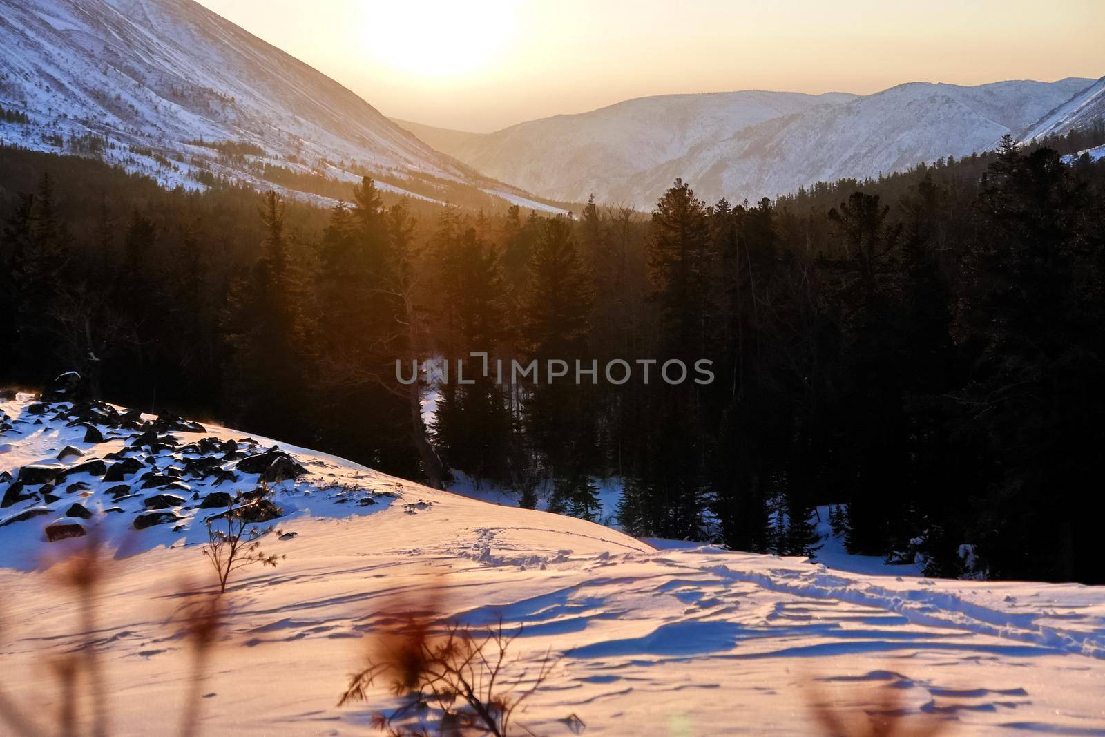 Baikal mountains in winter in snow. Forest in snow-covered mountains.