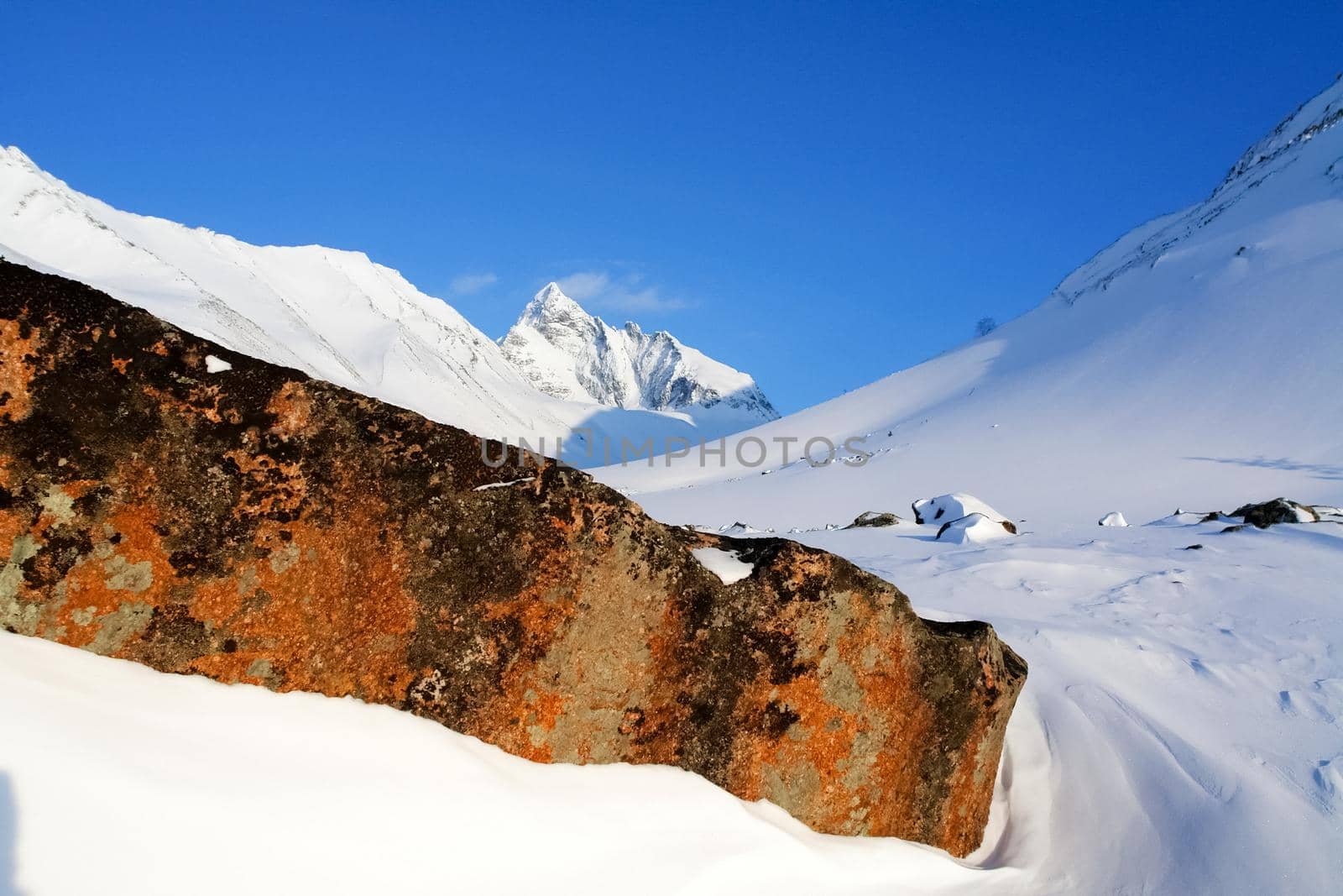 Baikal mountains in winter in snow. Forest in snow-covered mountains.