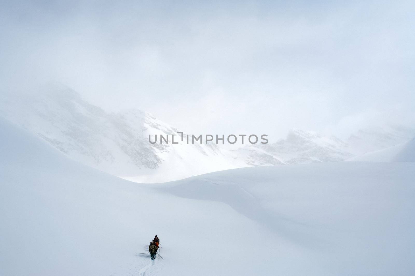 Tankhoy, Russia - January 20, 2019: A company of skiers in the mountains in the snow. Skiing.