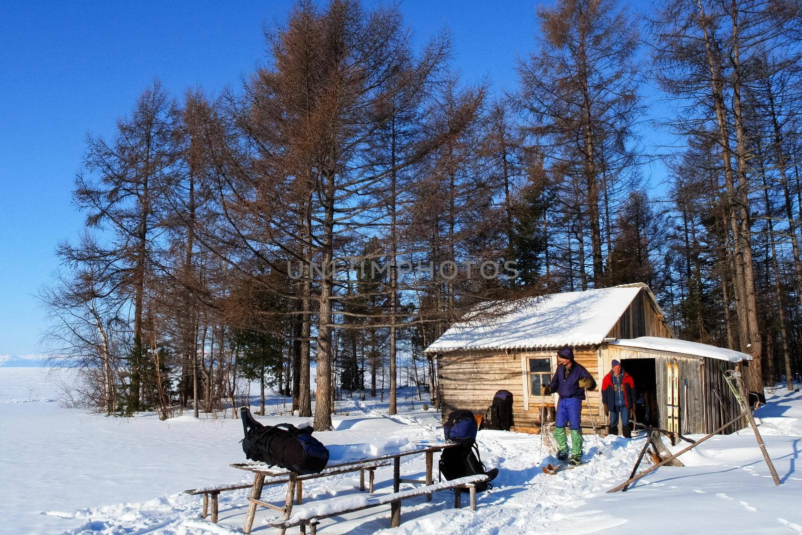 Tankhoy, Russia - January 20, 2019: A forester's house on the shore of baikal. skiers' resting place.