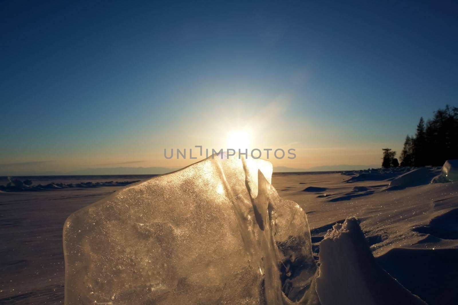 Pieces of frozen ice on the baikal. Broken ice.