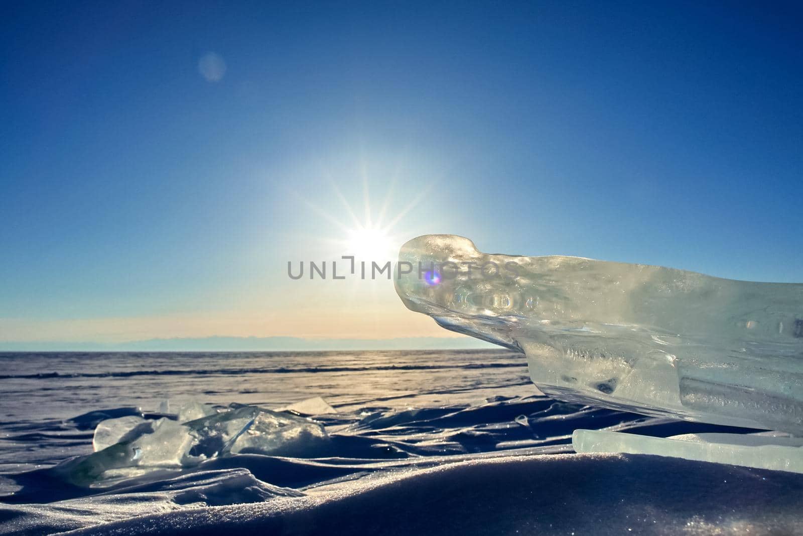 Pieces of frozen ice on the baikal. Broken ice.