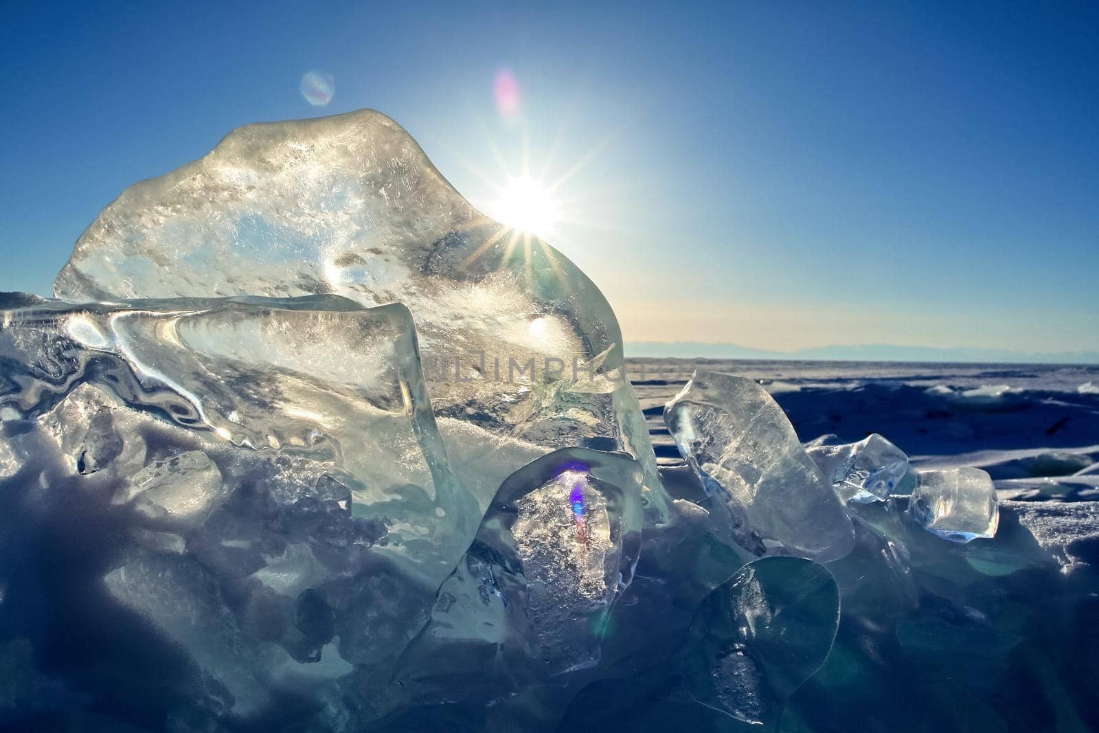 Pieces of frozen ice on the baikal. Broken ice.