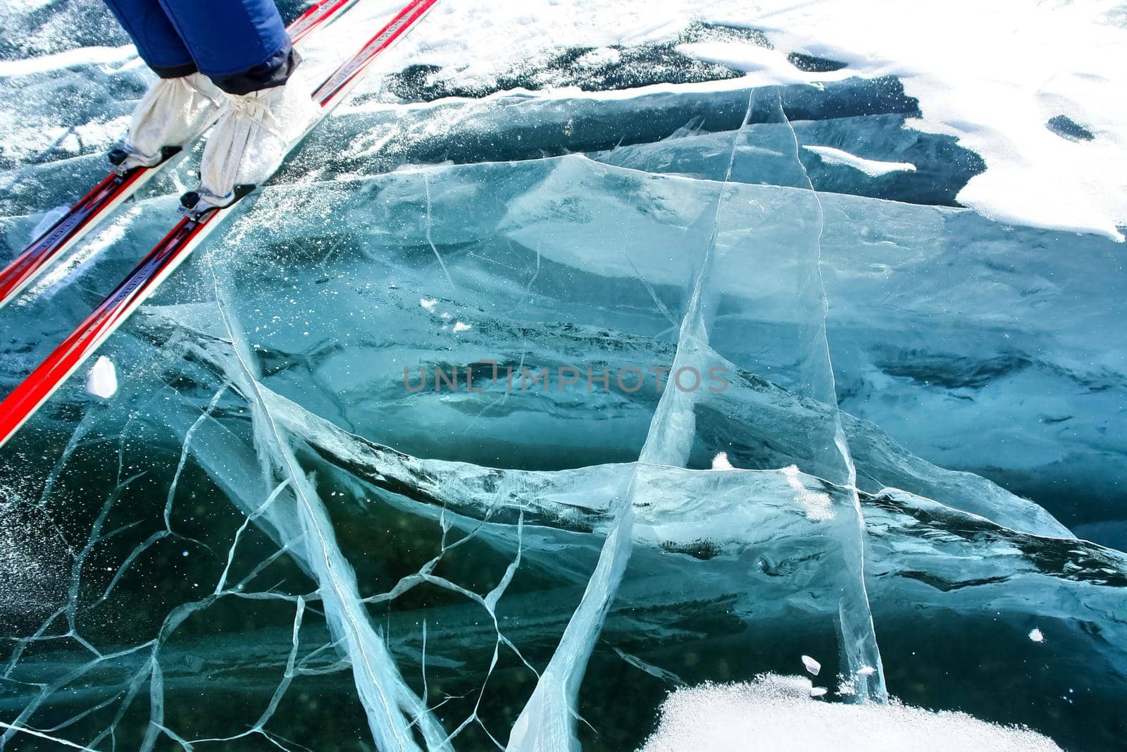 Pieces of frozen ice on the baikal. Broken ice.