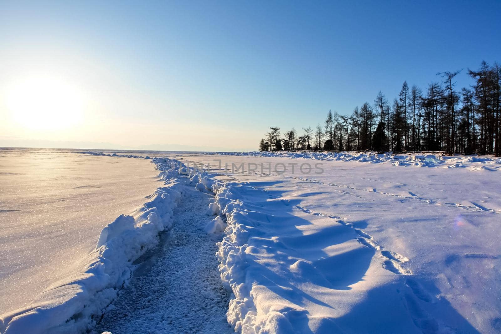 ski slope on the shore of Lake Baikal. Ski track.