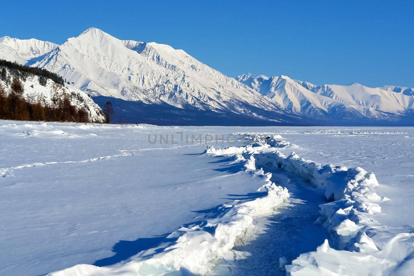 ski slope on the shore of Lake Baikal. Ski track.