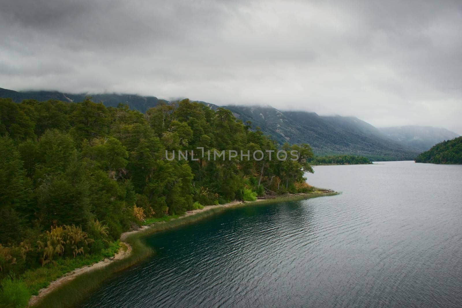 Elevated view of Lago Espejo (Mirror Lake), in Nahuel Huapi National Park, Argentinian Patagonia.