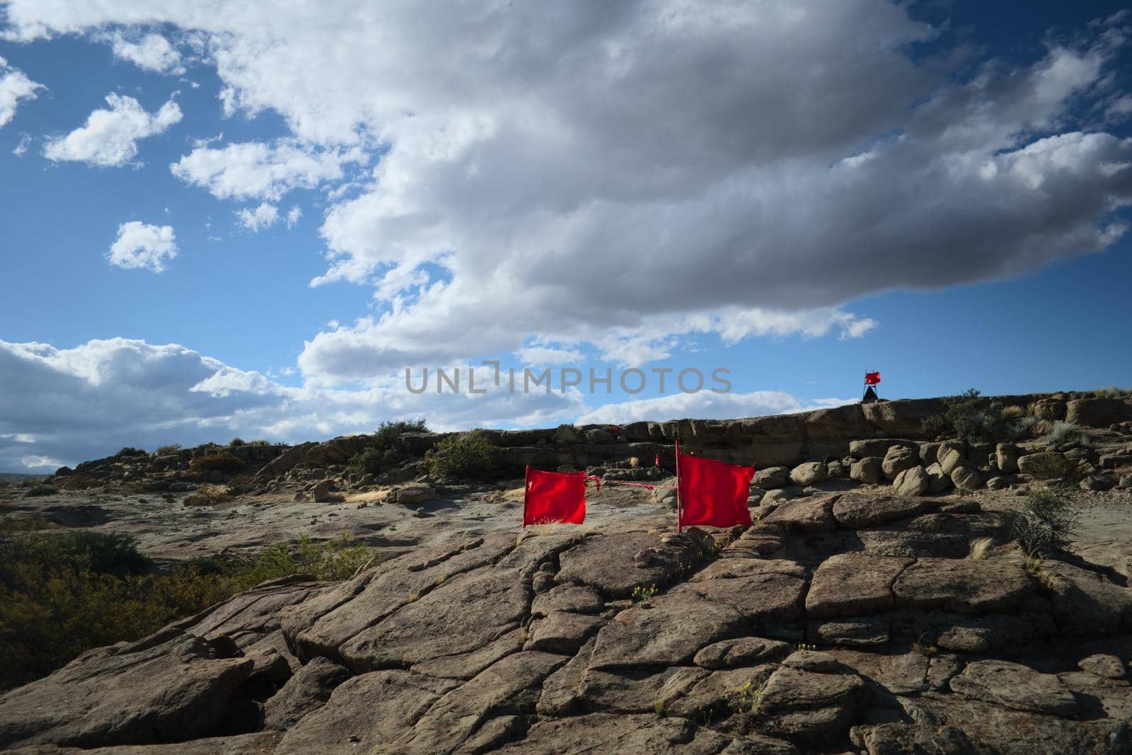 Red waving flags at a sactuary to the Gauchito Gil, a local saint and folk hero, in Neuquen, Argentinian Patagonia. by hernan_hyper