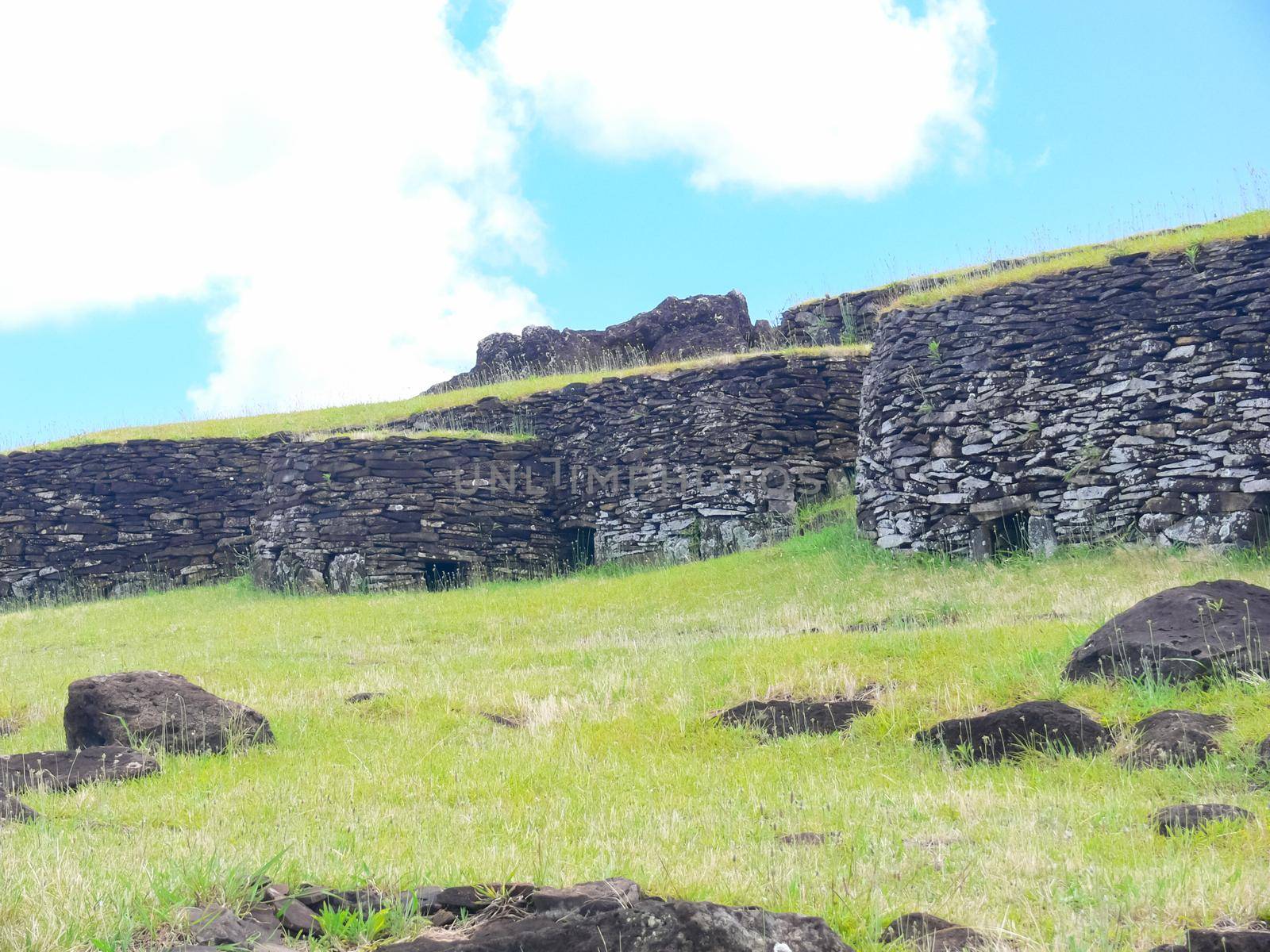 dwellings of ancient aboriginals on Easter Island. made of shelter stones and walls. by DePo