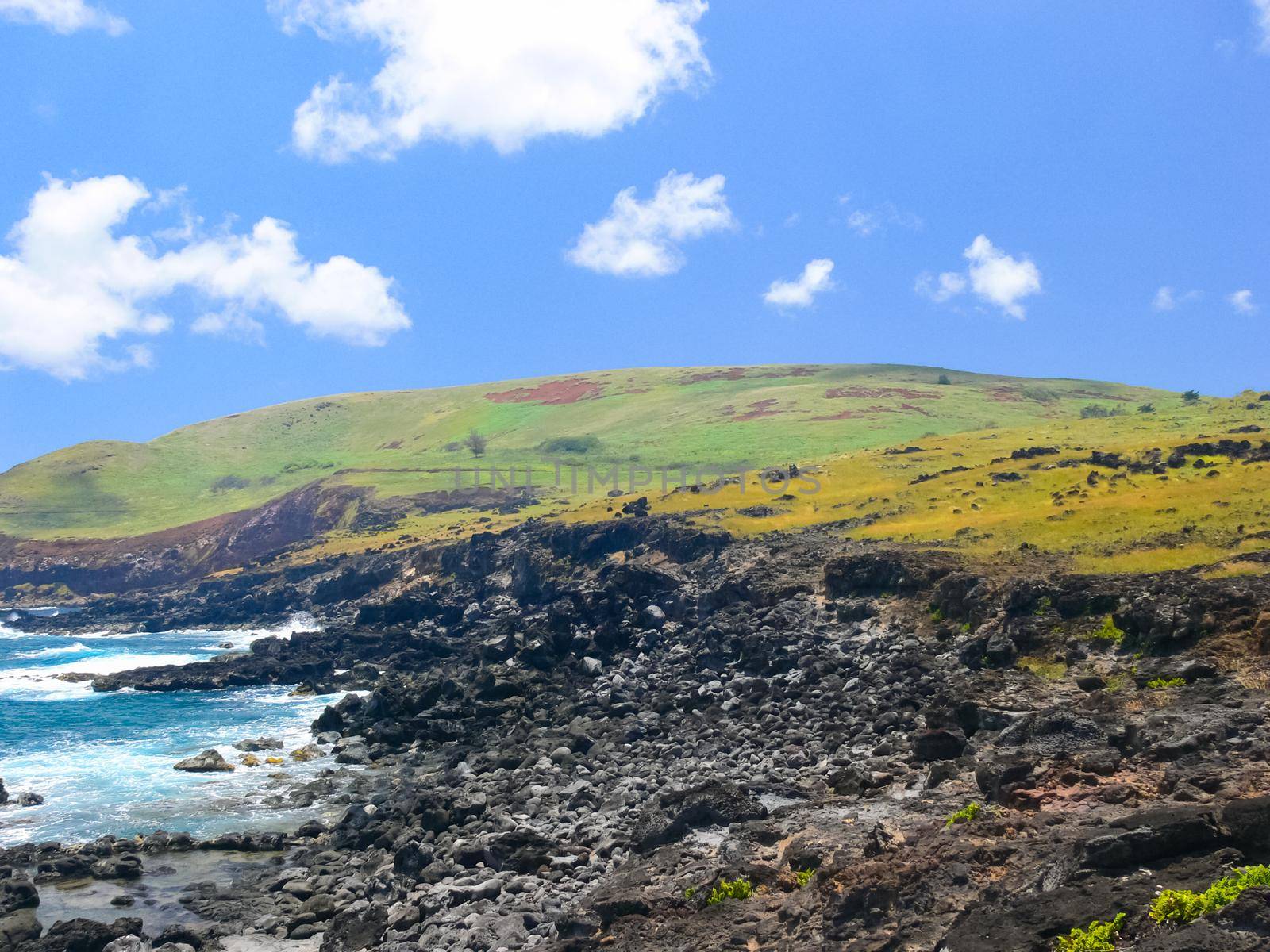 Easter Island coastline. Easter Island coast, rocks and ocean.