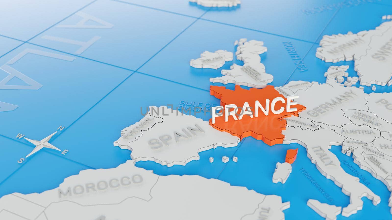 France highlighted on a white simplified 3D world map. Digital 3D render.
