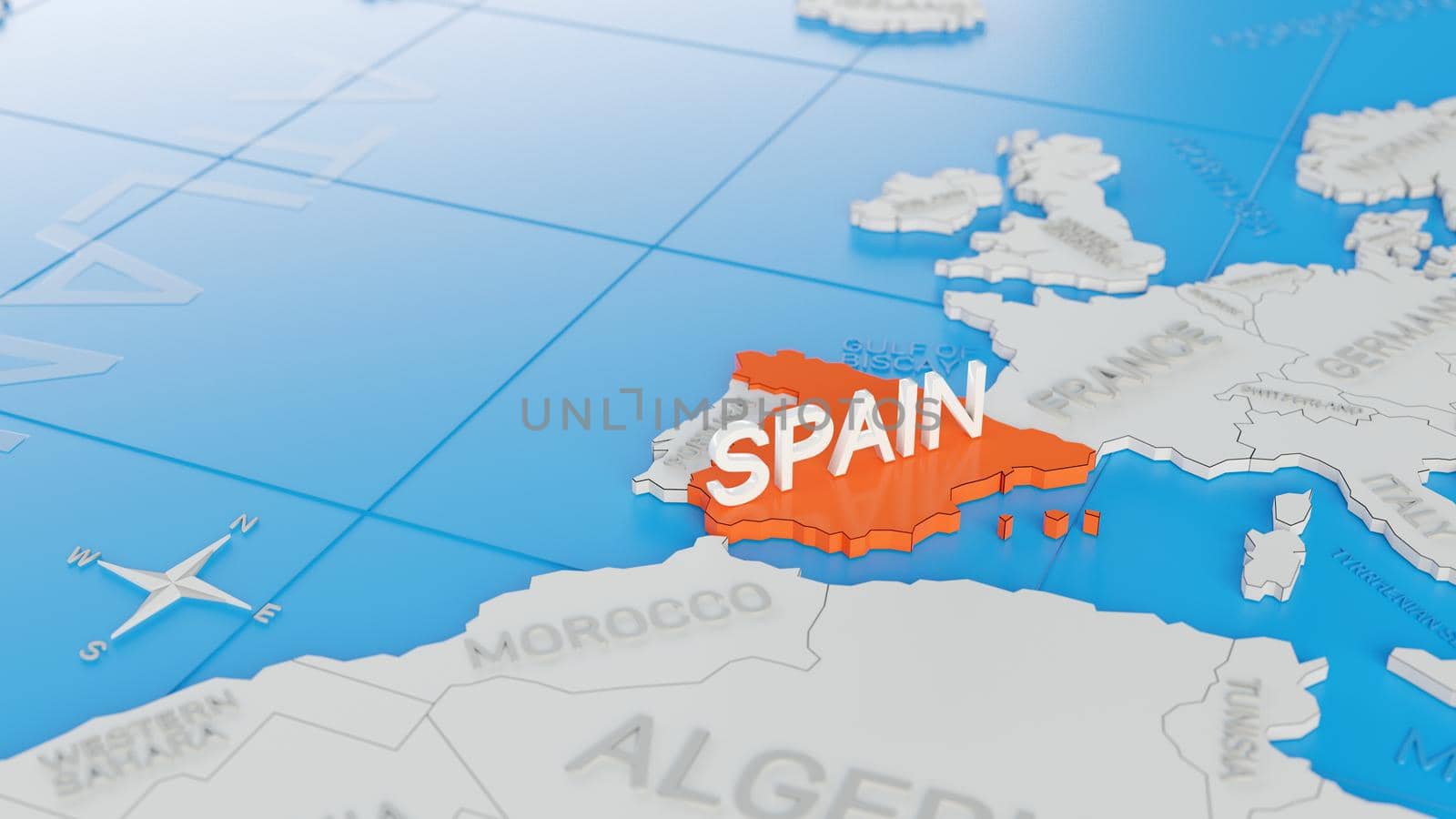 Spain highlighted on a white simplified 3D world map. Digital 3D render.