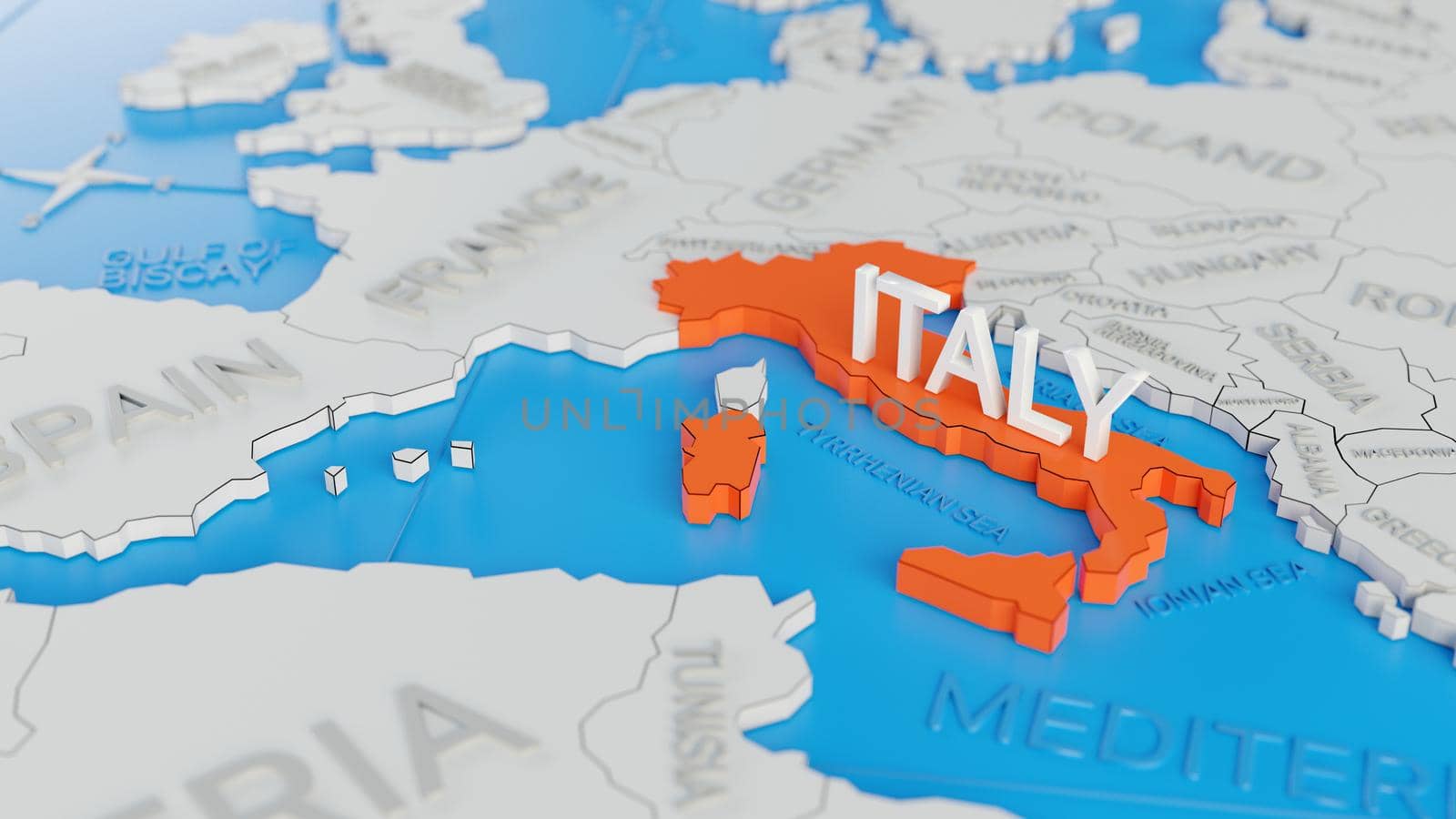 Italy highlighted on a white simplified 3D world map. Digital 3D render.