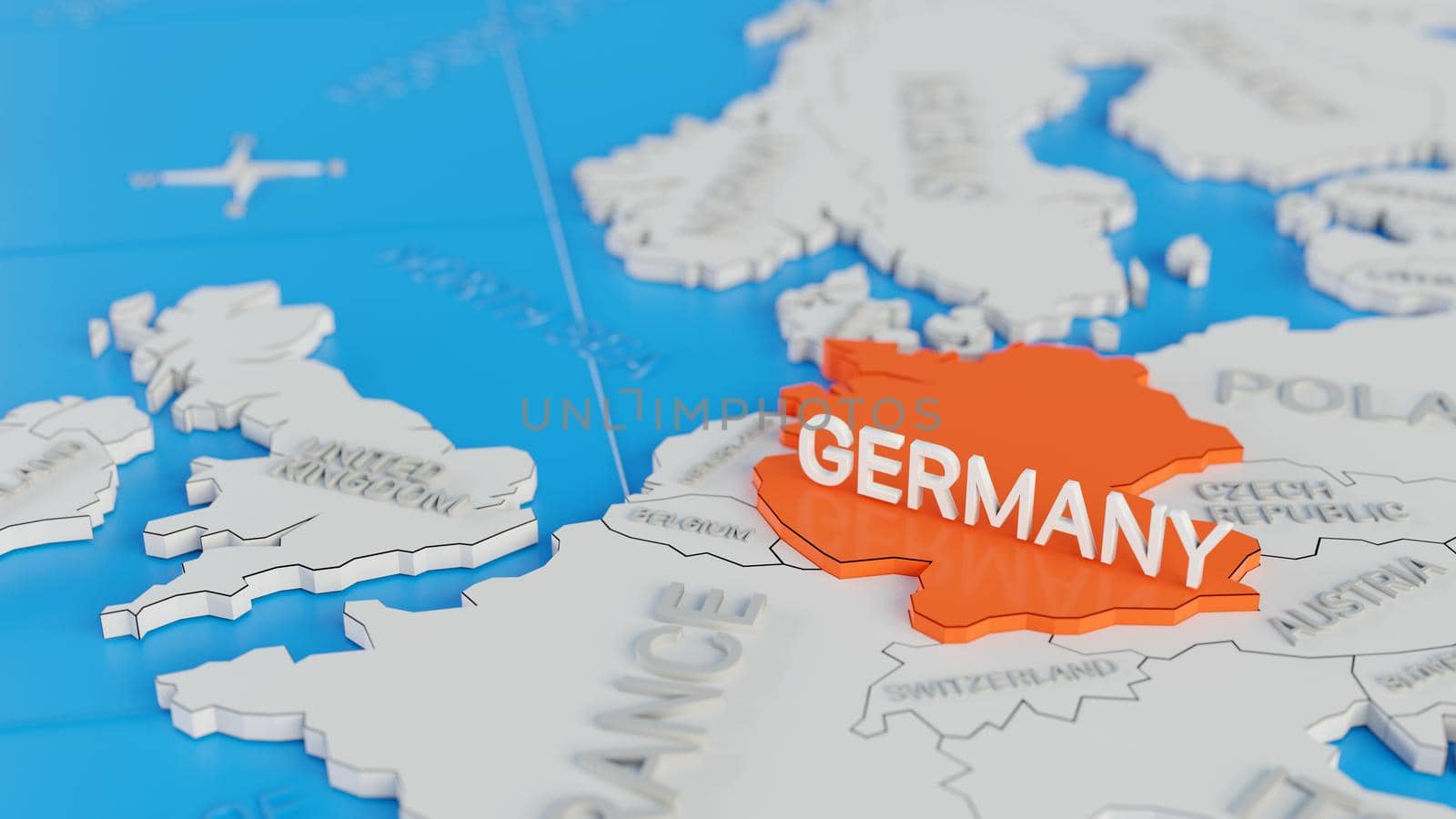 Germany highlighted on a white simplified 3D world map. Digital 3D render.