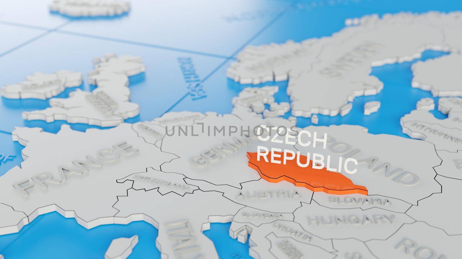 Czech Republic highlighted on a white simplified 3D world map. Digital 3D render.