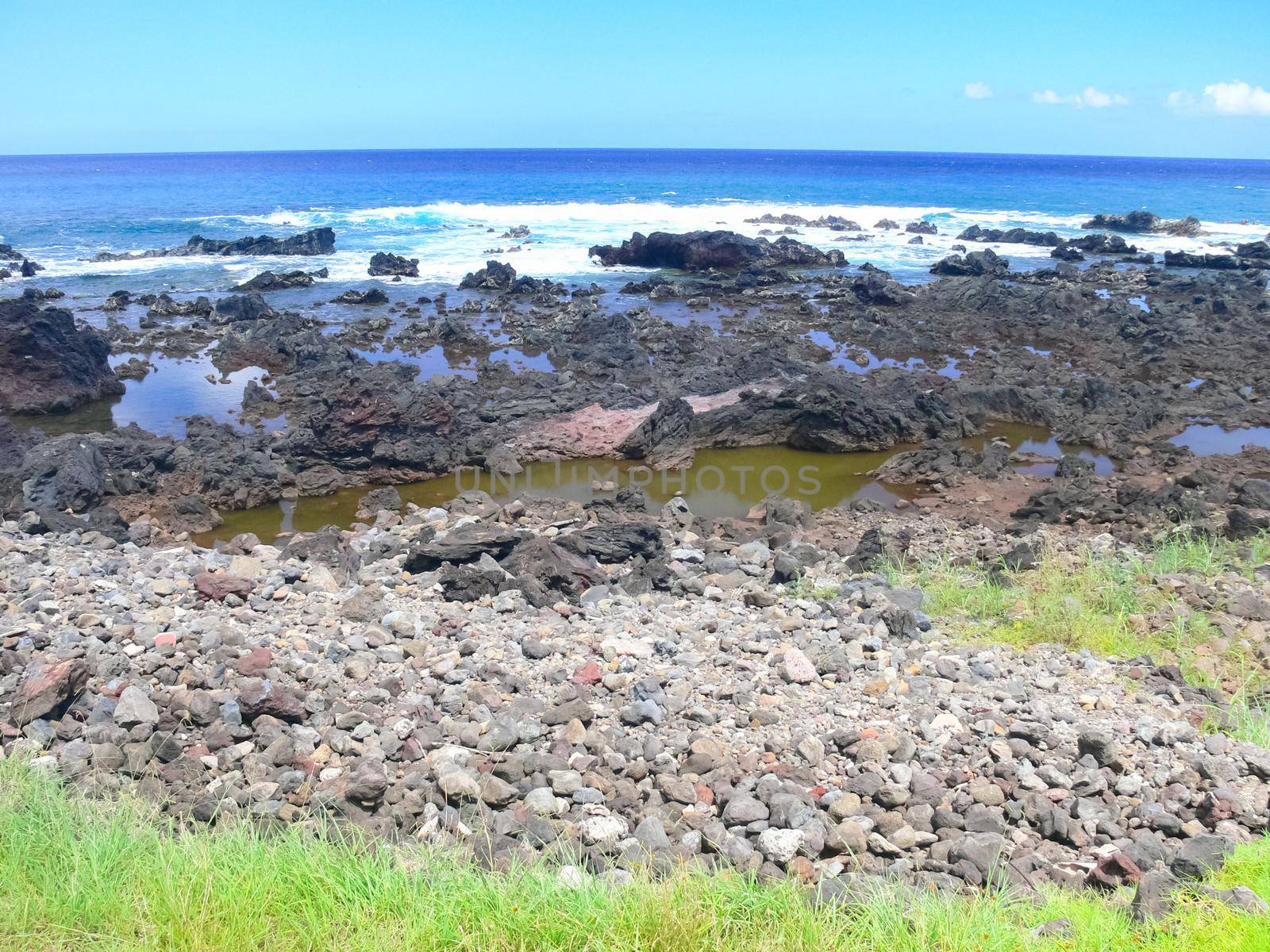 Easter Island coastline. Easter Island coast, rocks and ocean.