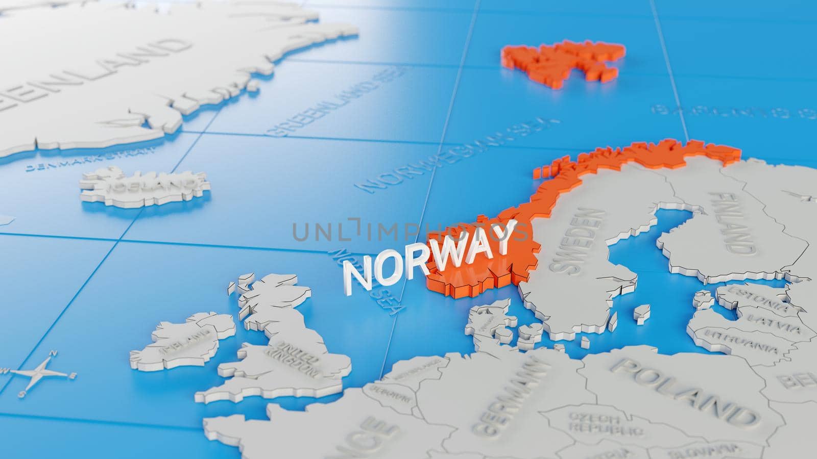 Norway highlighted on a white simplified 3D world map. Digital 3D render. by hernan_hyper