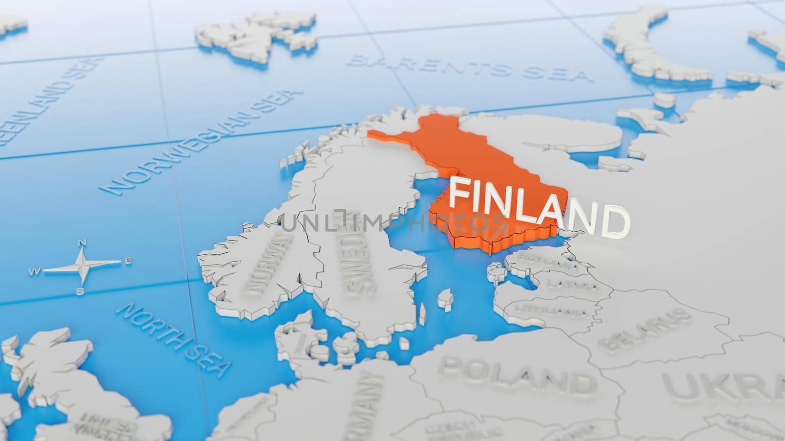 Finland highlighted on a white simplified 3D world map. Digital 3D render.