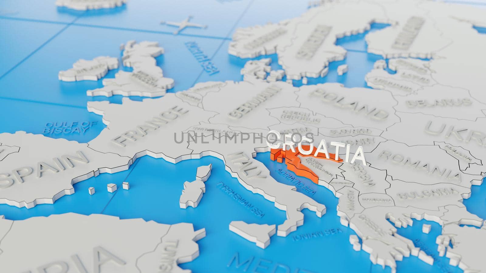 Croatia highlighted on a white simplified 3D world map. Digital 3D render. by hernan_hyper