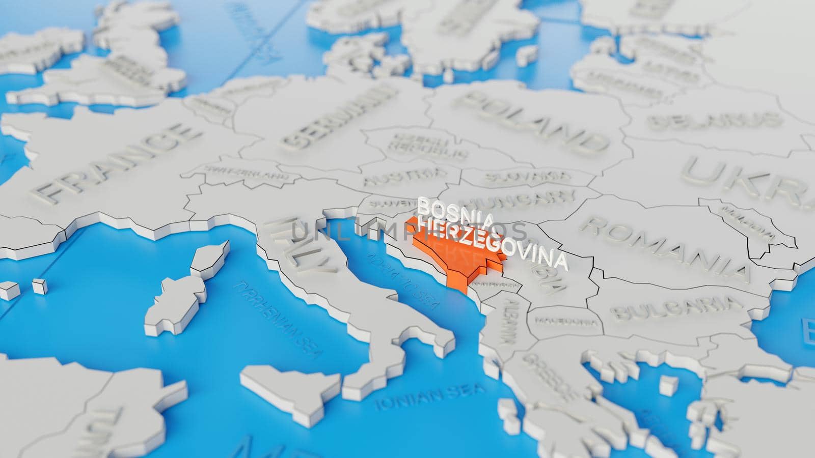 Bosnia and Herzegovina highlighted on a white simplified 3D world map. Digital 3D render. by hernan_hyper