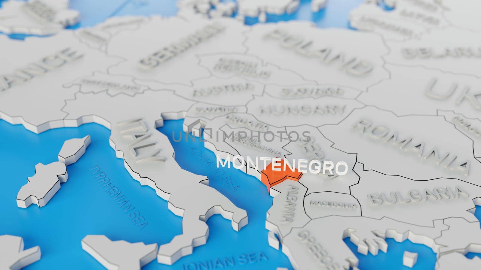 Montenegro highlighted on a white simplified 3D world map. Digital 3D render. by hernan_hyper