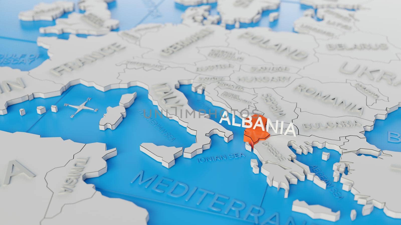 Albania highlighted on a white simplified 3D world map. Digital 3D render. by hernan_hyper