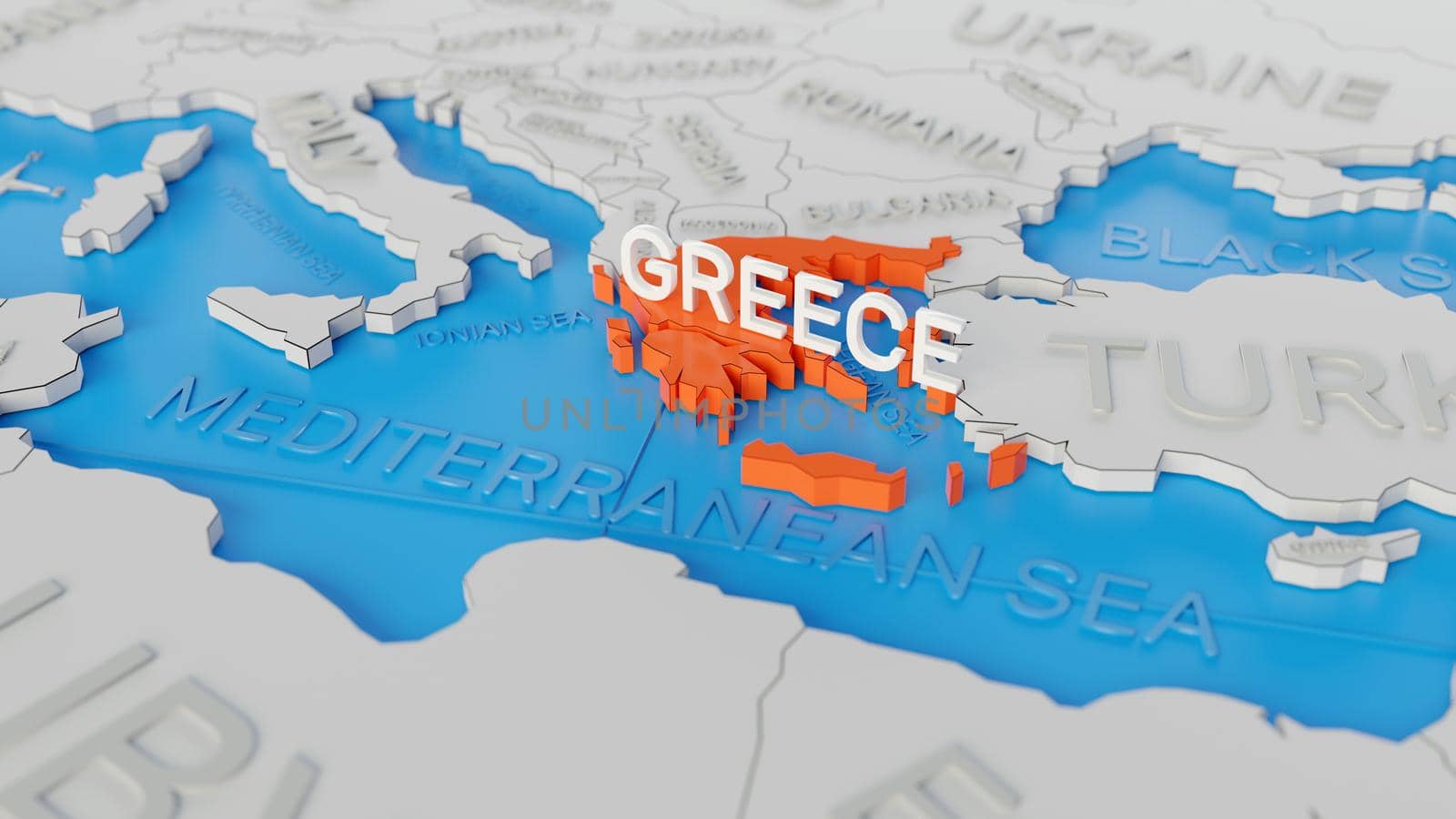 Greece highlighted on a white simplified 3D world map. Digital 3D render. by hernan_hyper