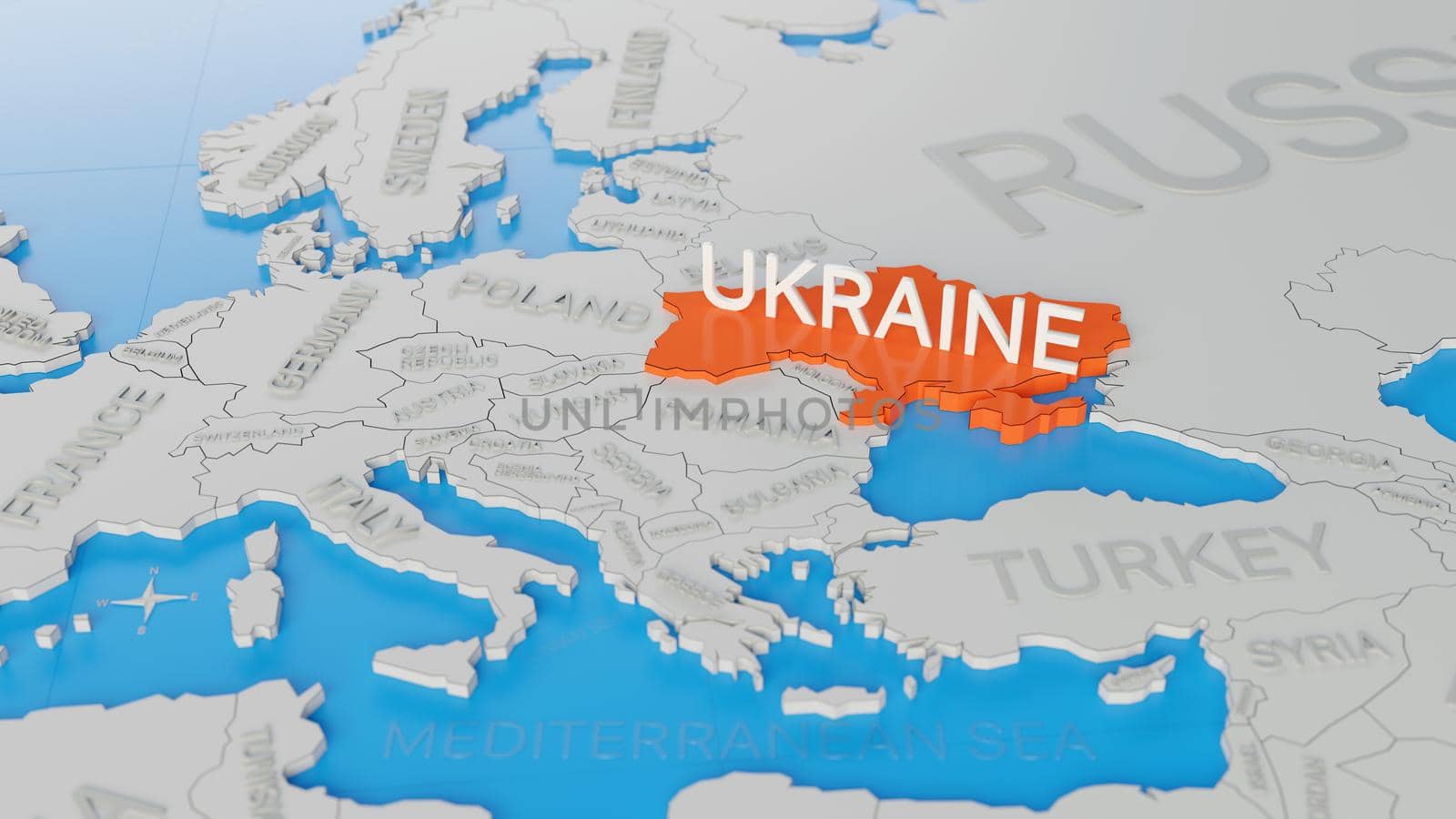Ukraine highlighted on a white simplified 3D world map. Digital 3D render. by hernan_hyper
