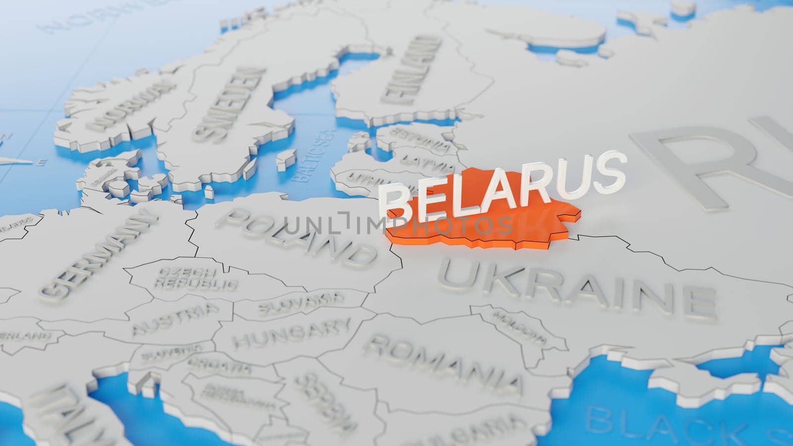 Belarus highlighted on a white simplified 3D world map. Digital 3D render. by hernan_hyper