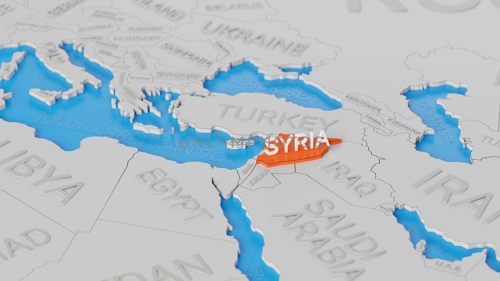 Syria highlighted on a white simplified 3D world map. Digital 3D render. by hernan_hyper