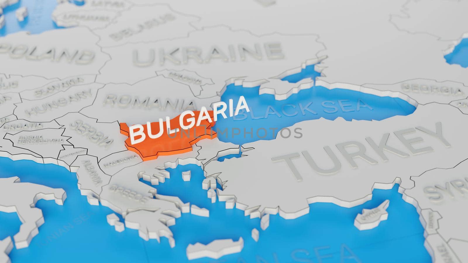 Bulgaria highlighted on a white simplified 3D world map. Digital 3D render. by hernan_hyper