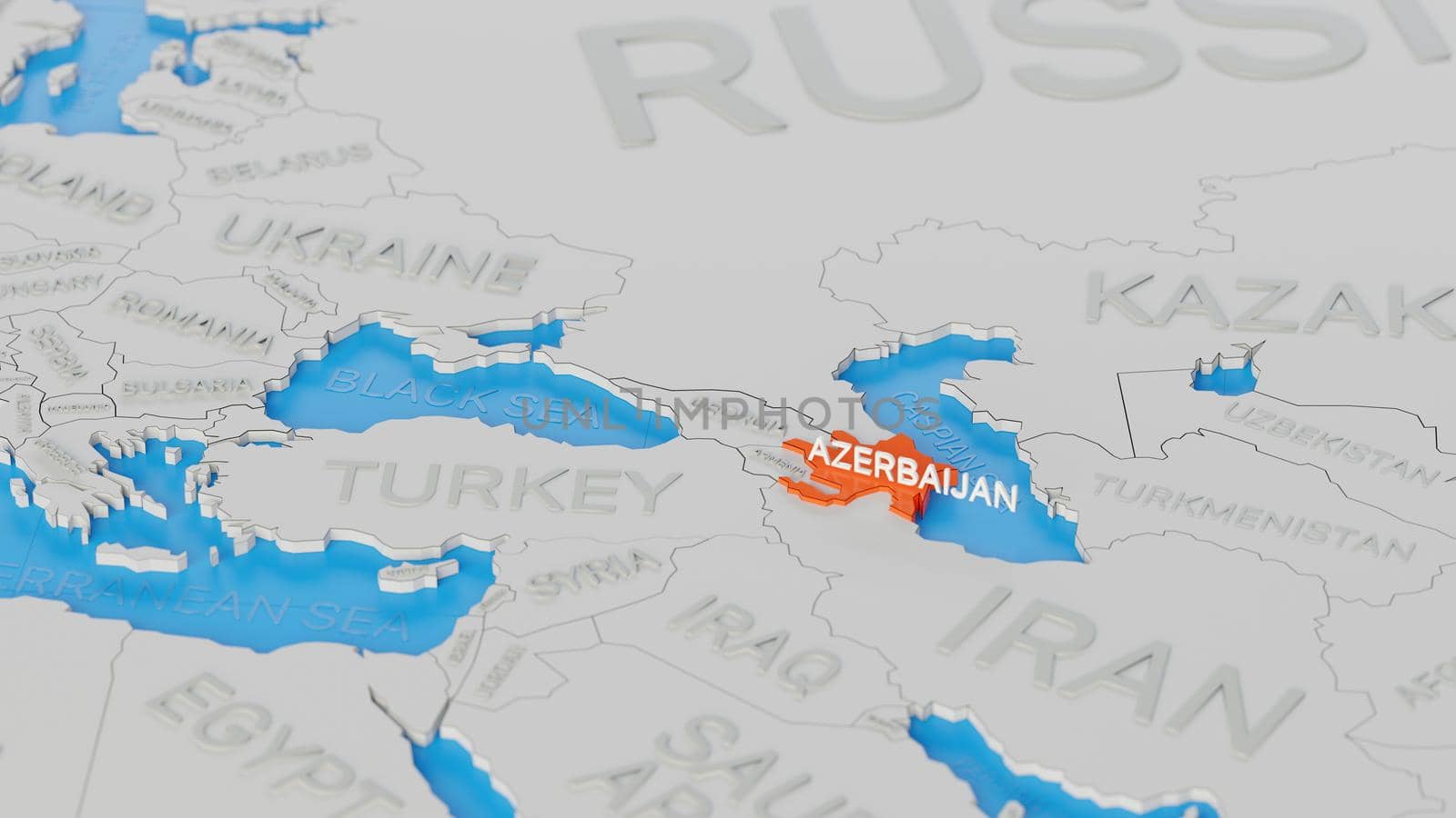 Azerbaijan highlighted on a white simplified 3D world map. Digital 3D render. by hernan_hyper