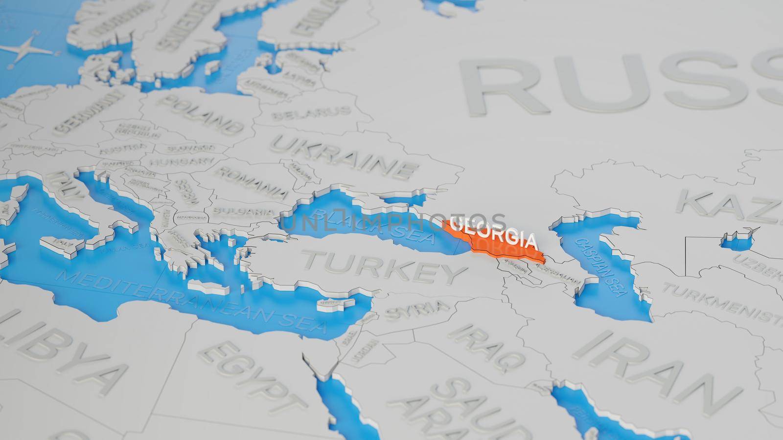 Georgia highlighted on a white simplified 3D world map. Digital 3D render. by hernan_hyper
