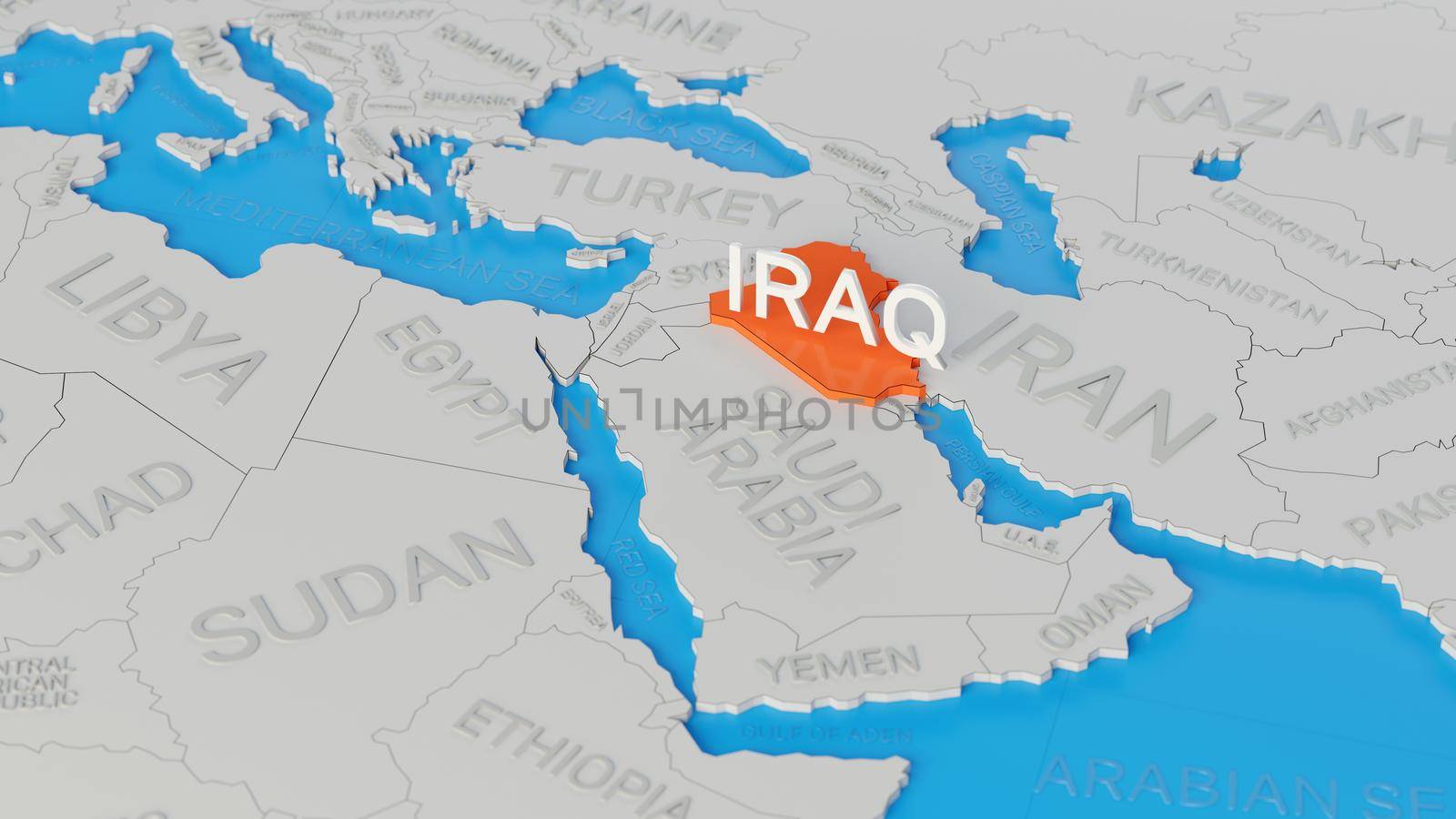 Iraq highlighted on a white simplified 3D world map. Digital 3D render.