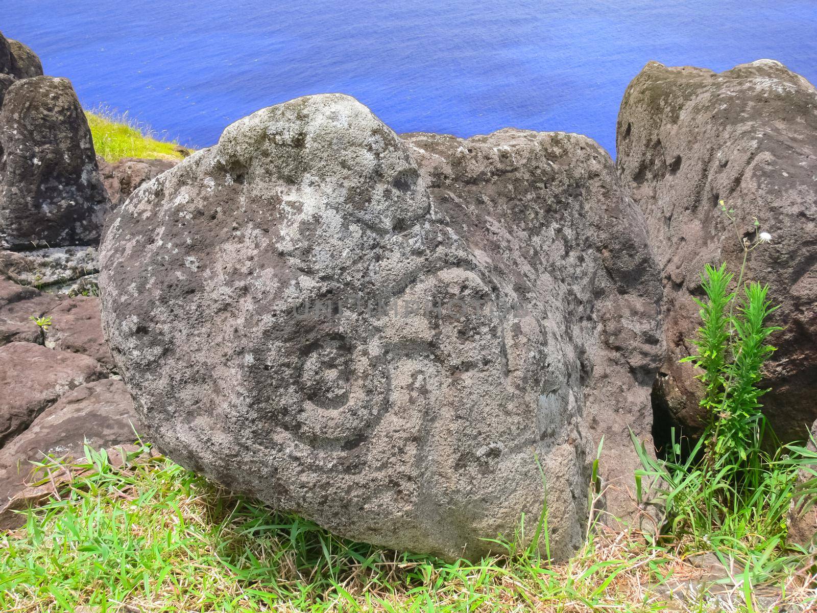 Rocks with rock engraving. Easter Island, traces of ancient culture.