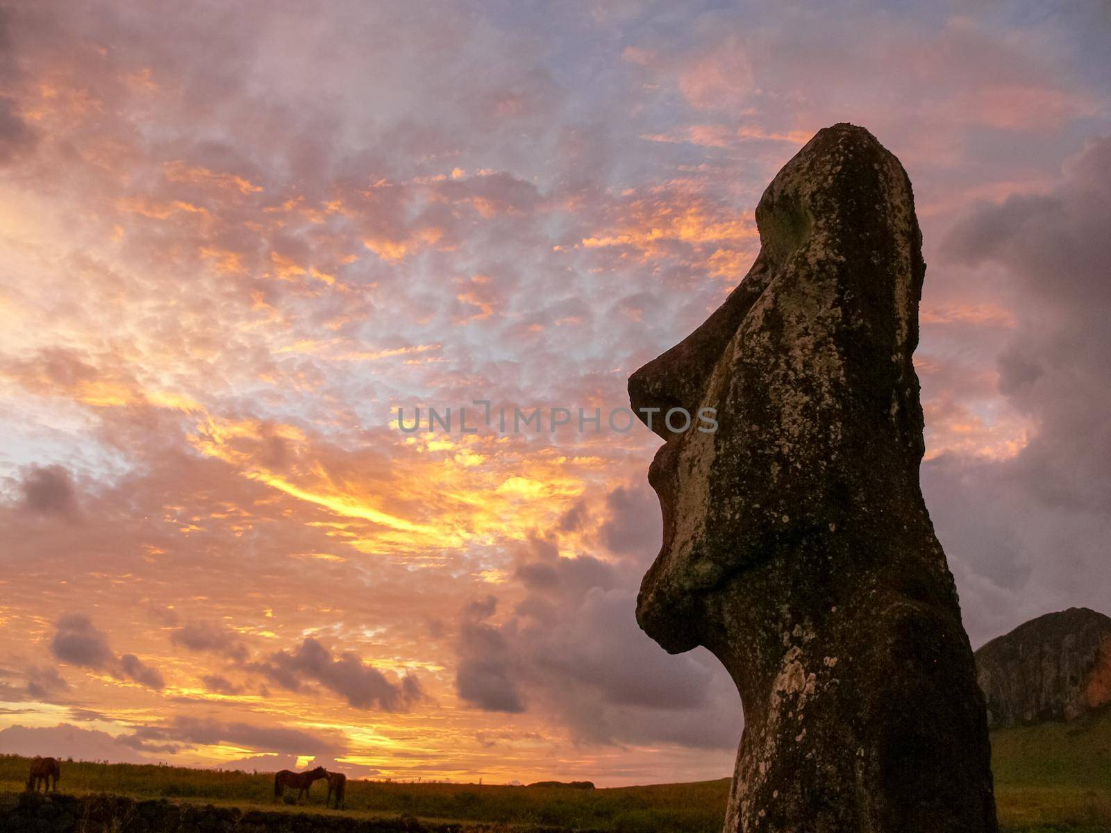 Statues of Easter Island in the background of the sunset. The melting of the Easter statue in the sunlight of the sunset.