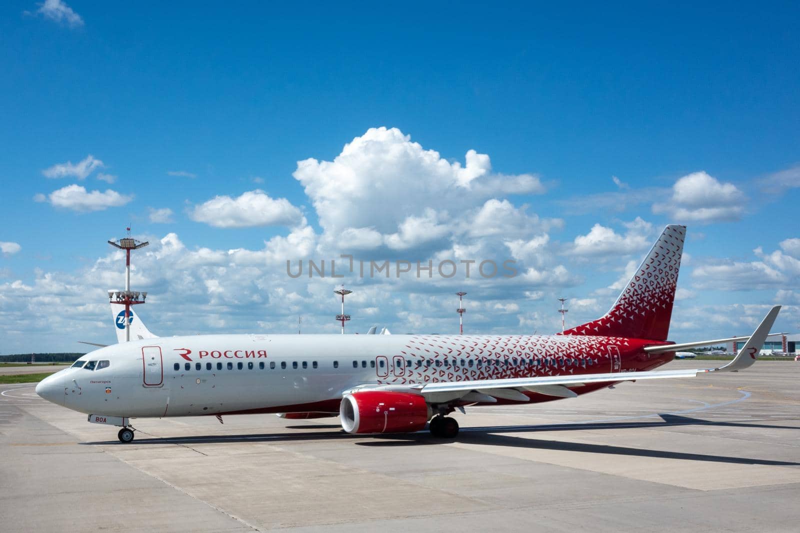 July 2, 2019, Moscow, Russia. Airplane Boeing 737-800 Rossiya - Russian Airlines at Vnukovo airport in Moscow.