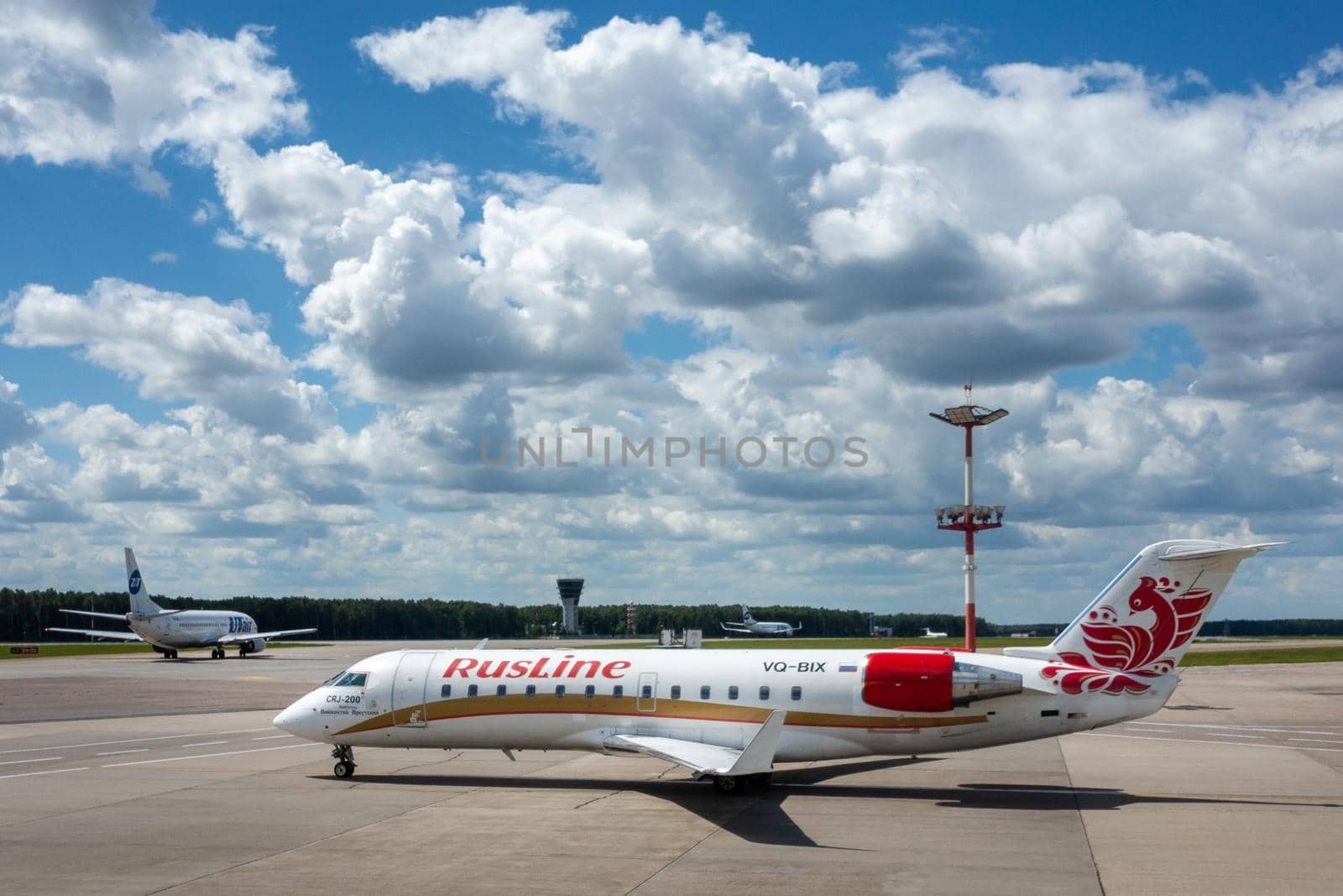 July 2, 2019, Moscow, Russia. Airplane Bombardier CRJ-200 Rusline at Vnukovo airport in Moscow.