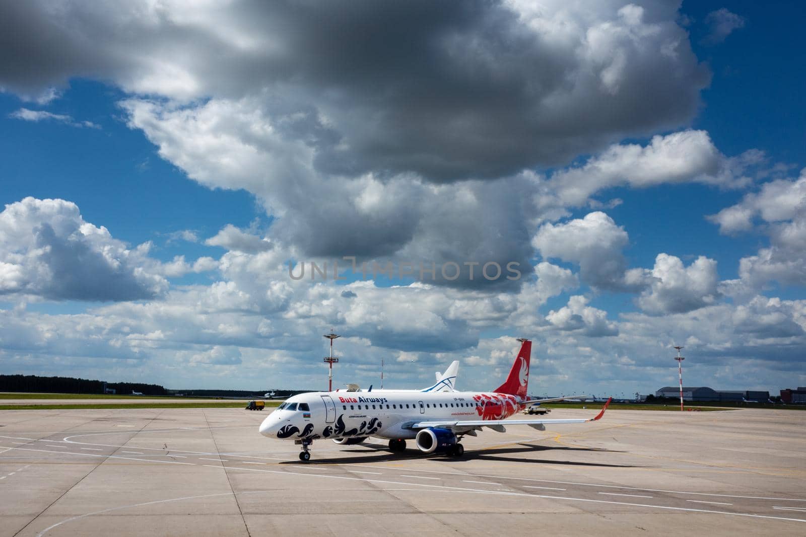 July 2, 2019, Moscow, Russia. Airplane Embraer ERJ-190 Buta Airways at Vnukovo airport in Moscow.