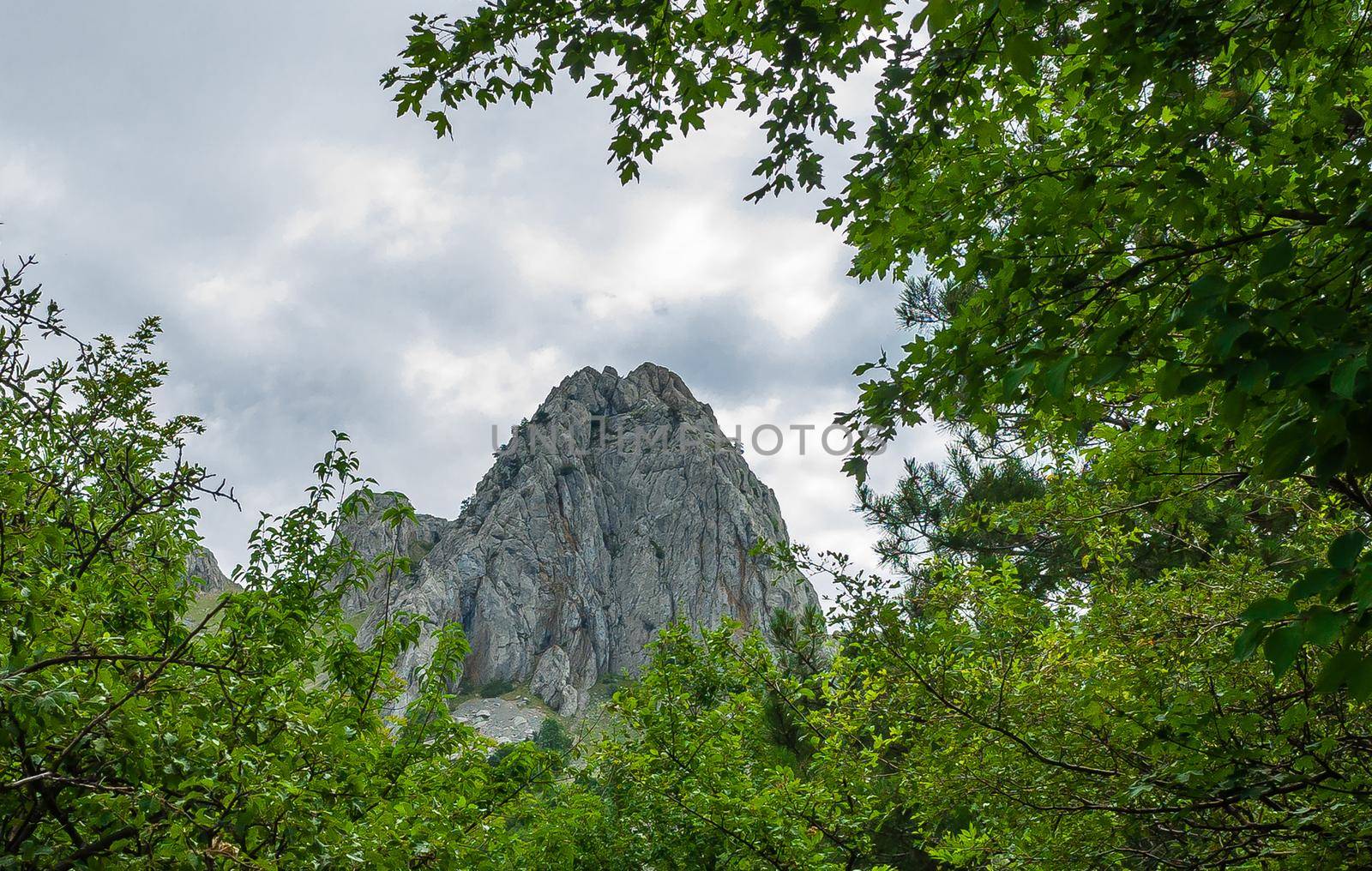 Inaccessible rocks surrounded by green forests and shrubs in hot summers in clear sunny weather.