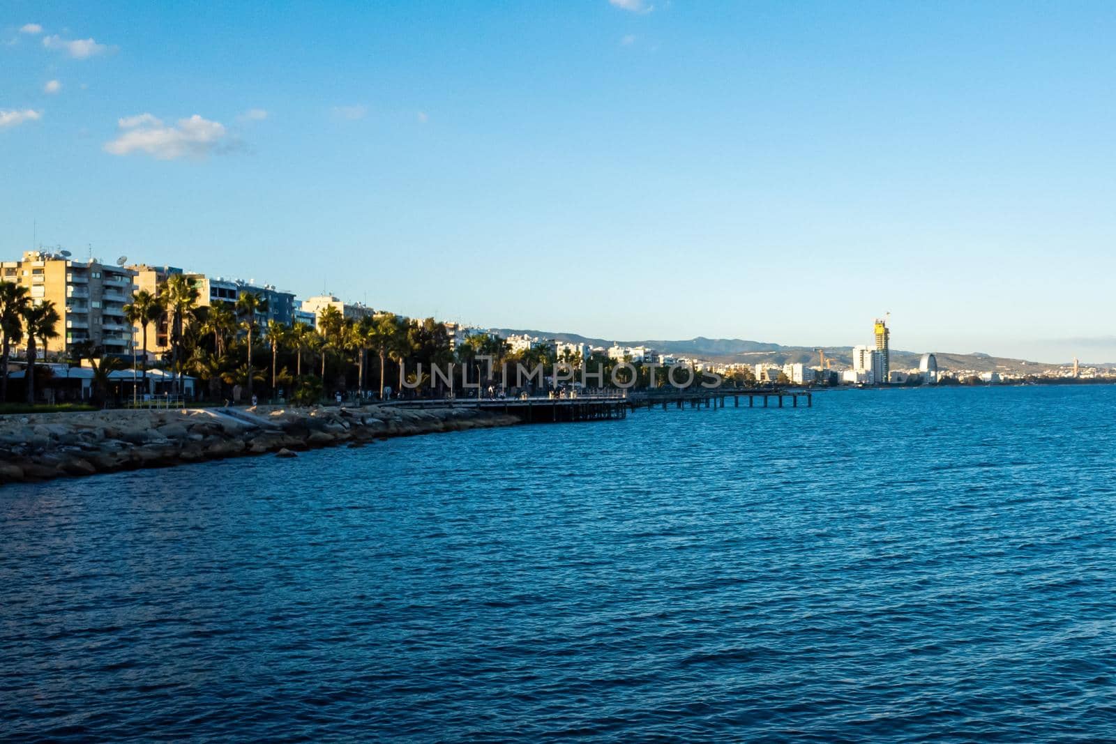 April 22, 2019, Limassol, Cyprus. Mediterranean sea promenade on a clear Sunny day.
