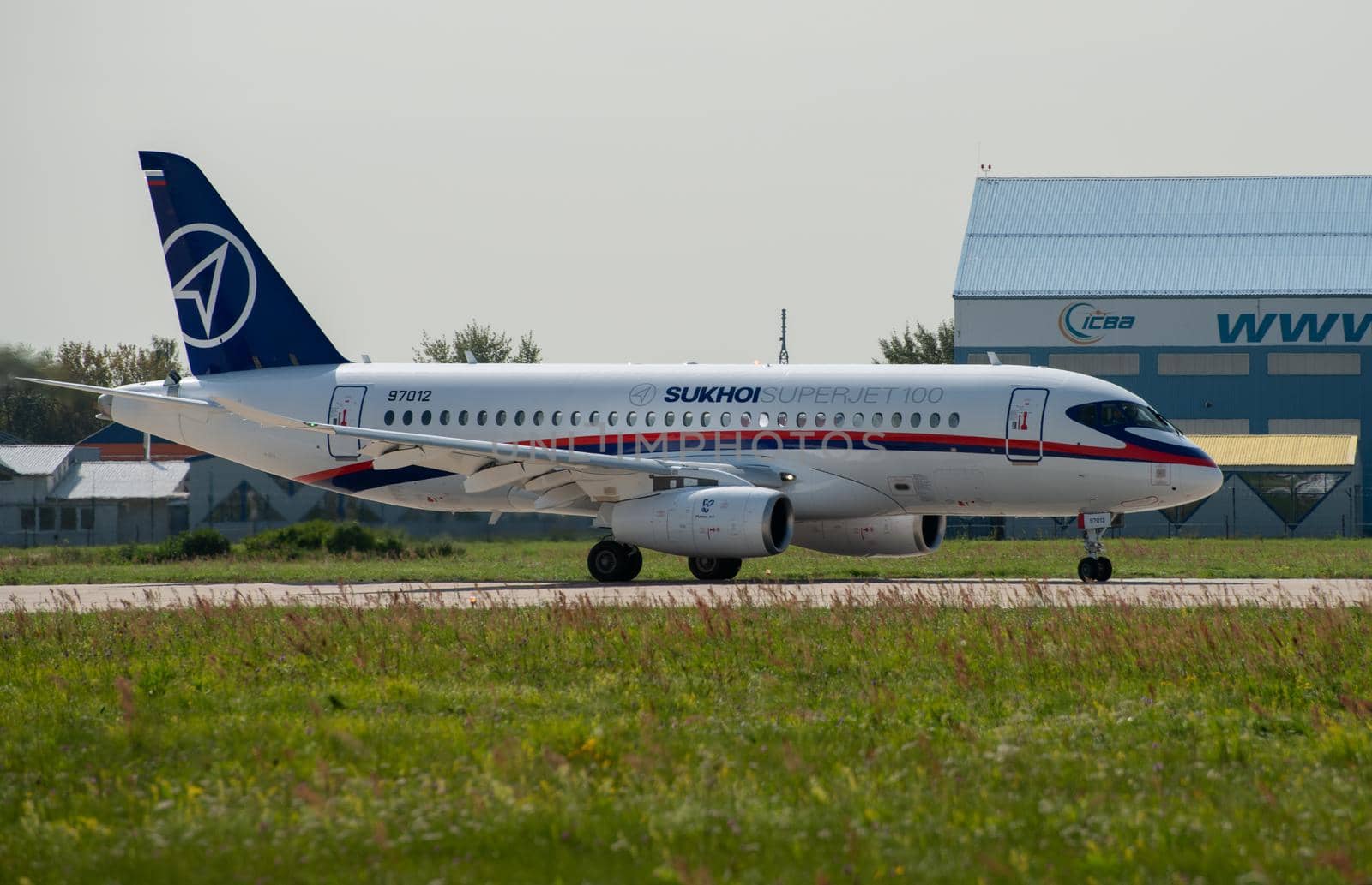 August 30, 2019. Zhukovsky, Russia. Russian short-range narrow-body passenger aircraft  Sukhoi Superjet 100 at the International Aviation and Space Salon MAKS 2019.