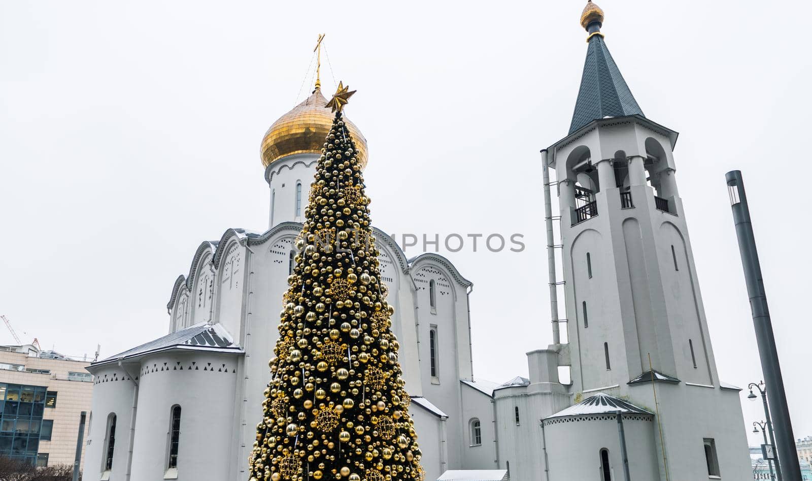 December 14, 2020, Moscow, Russia. New Year tree at the Church of St. Nicholas the Wonderworker at Tverskaya Zastava.