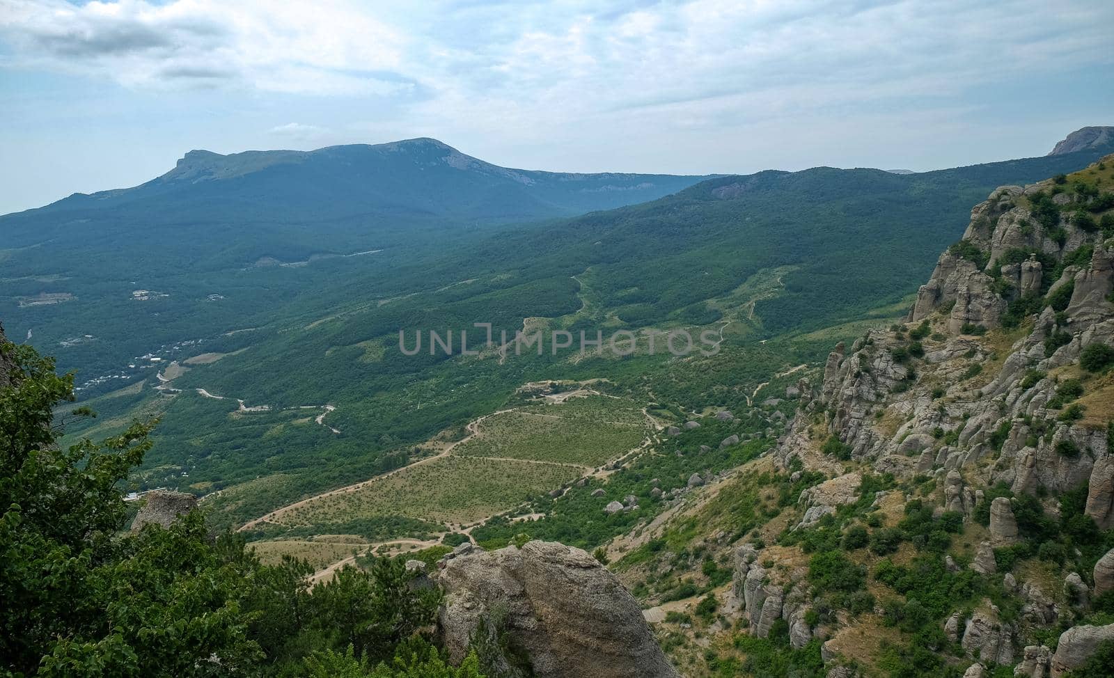 View of the Chatyr-Dag plateau from the top of the Demerdzhi mountain range in Crimea.
