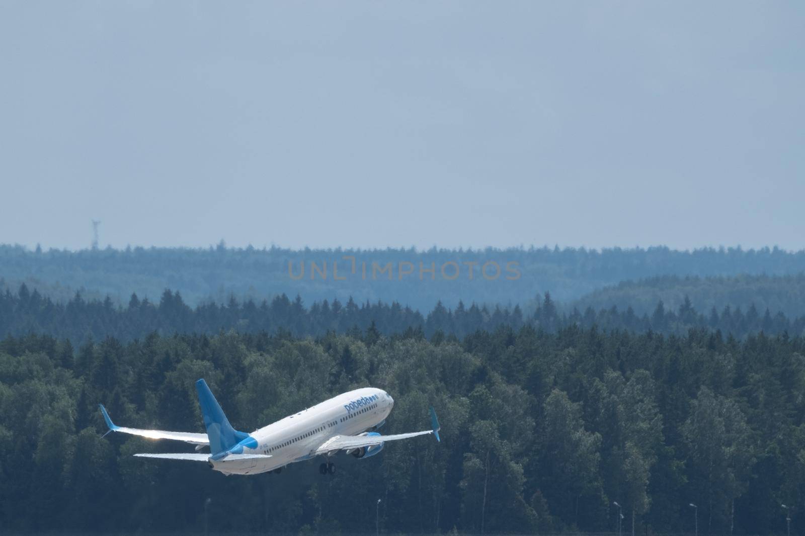 July 2, 2019, Moscow, Russia. Airplane Boeing Boeing 737-800 Pobeda airline at Vnukovo airport in Moscow.