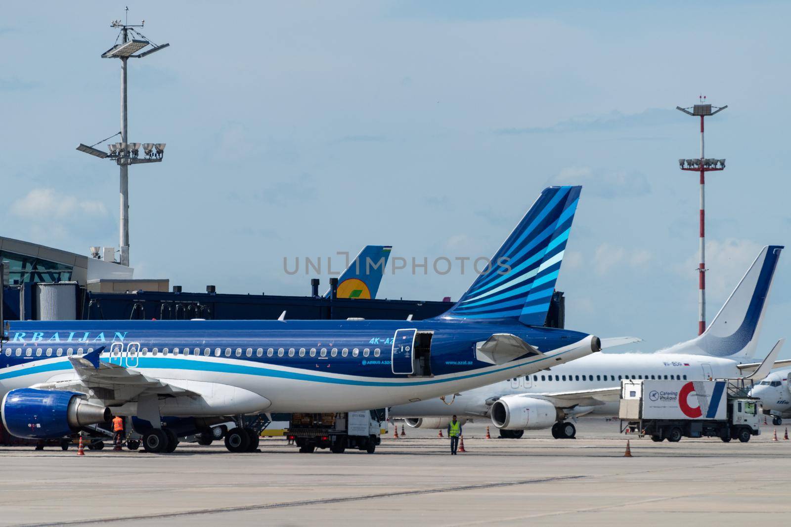 July 2, 2019 Moscow, Russia. Airplanes at Vnukovo airport in sunny weather