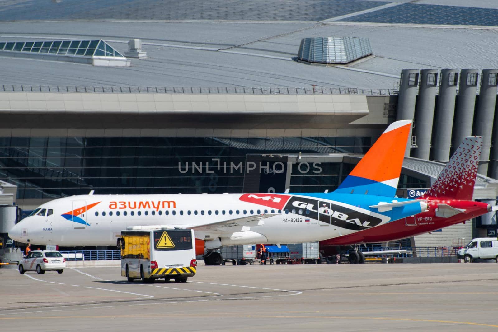 July 2, 2019, Moscow, Russia. Airplane Sukhoi Superjet 100 Azimuth Airlines at Vnukovo airport in Moscow.